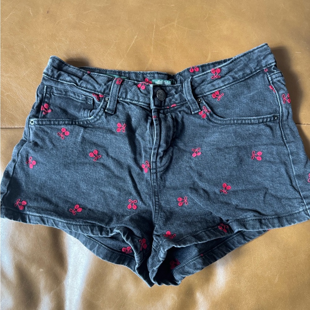 wild fable Black Denim Shorts with Pink Cherry Embroidery